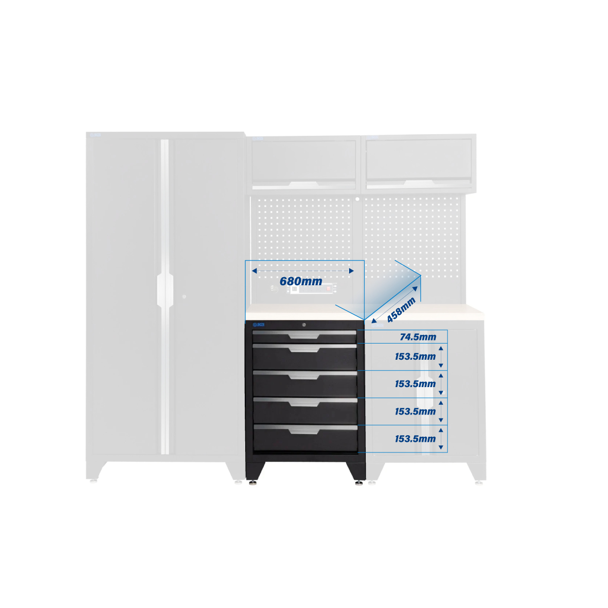 SGS 7pc Garage Storage System | 5 Drawers | Pressed Wood Worktop | Tall Double Cabinet | Pegboard with Power Strip